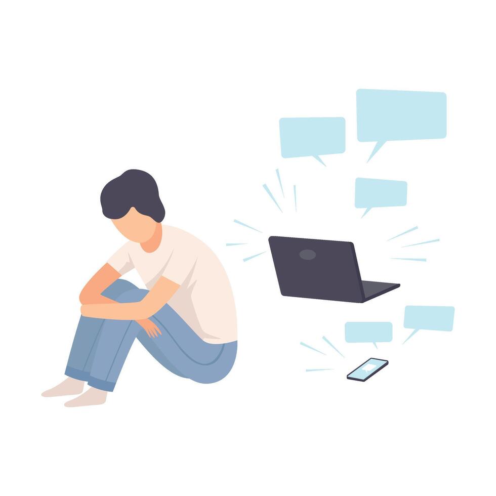 Depressed Teen Boy Sitting on Floor with Laptop Surrounded By Message Bubbles, Cyber Bullying Illustration vector