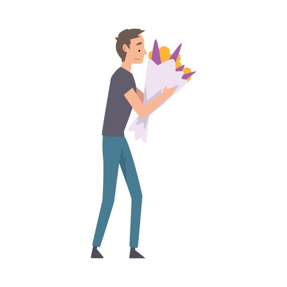 Young Man Standing with Bouquet of Flowers Cartoon Illustration vector