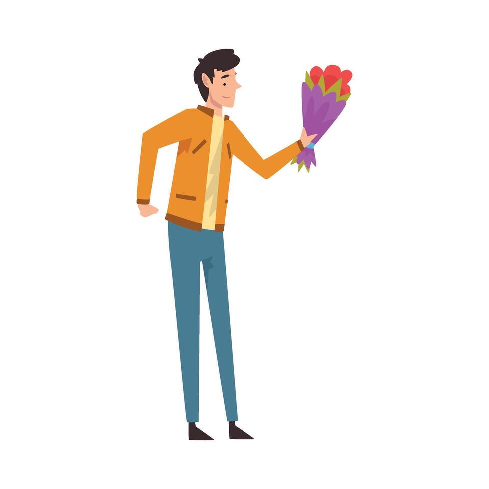 Happy Young Man Giving Bouquet of Flowers, Congratulations on Holiday, Birthday or Romantic Date Illustration vector