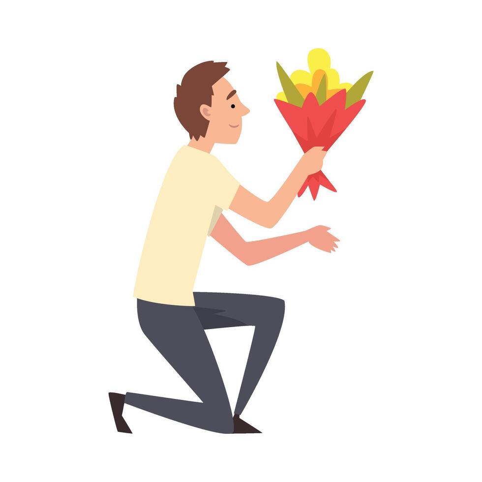 Young Man Kneeling Down with Bouquet of Flowers, Guy Making Marriage Proposal, Congratulations on Holiday, Birthday or Romantic Date Illustration vector