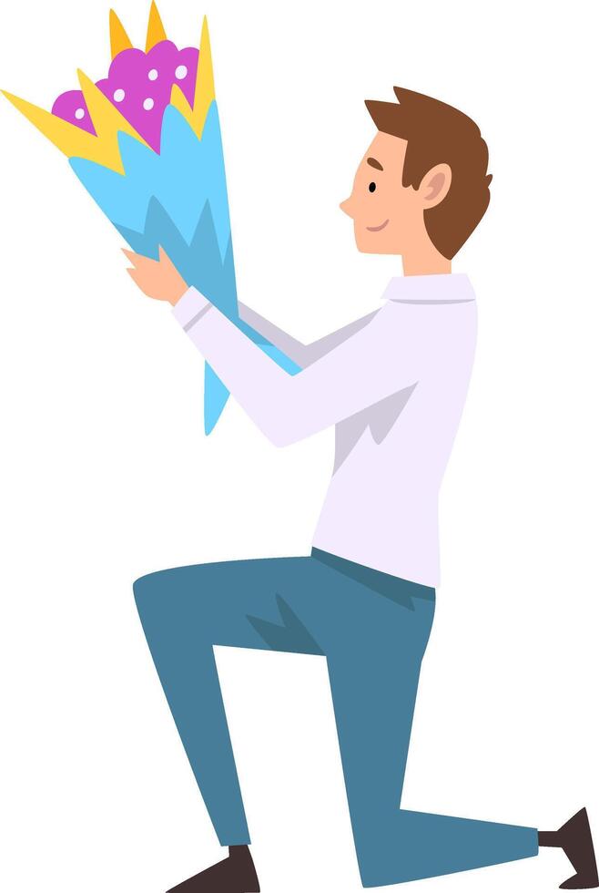 Smiling Man Kneeling Down with Bouquet of Flowers, Guy Making Marriage Proposal Illustration vector