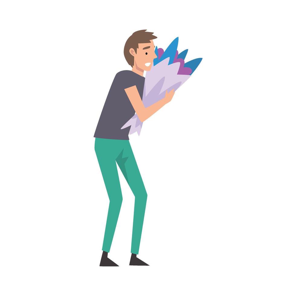 Young Smiling Man Holding Bouquet of Flowers, Congratulations on Holiday, Birthday or Romantic Date Illustration vector