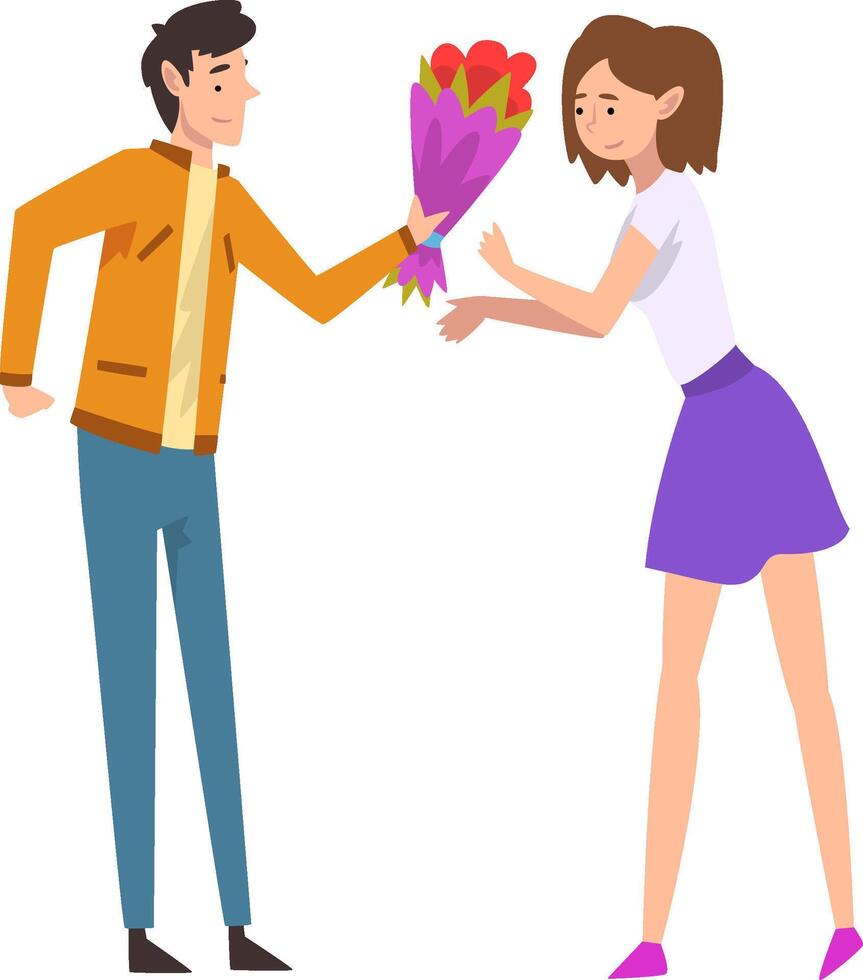 Young Man Giving Bouquet of Flowers to Happy Girl, Congratulations on Holiday, Birthday or Romantic Date Illustration vector