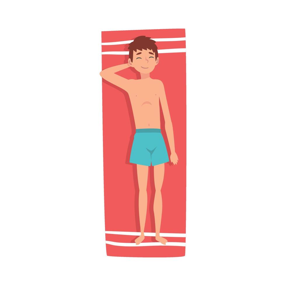 Boy Sunbathing and Relaxing on Beach Towel, Child Enjoying Summer Vacation Illustration vector
