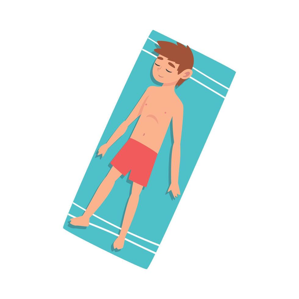 Cute Boy Sunbathing on Beach Towel, Top View, Boy Enjoying Summer Vacation Illustration vector