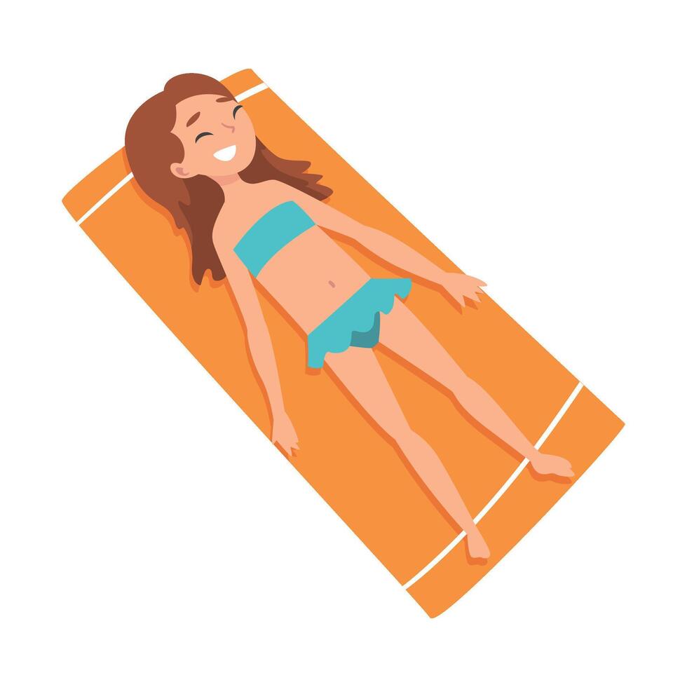 Cute Girl Sunbathing on Beach Towel, Top View of Smiling Lying Girl in Blue Bikini Illustration vector