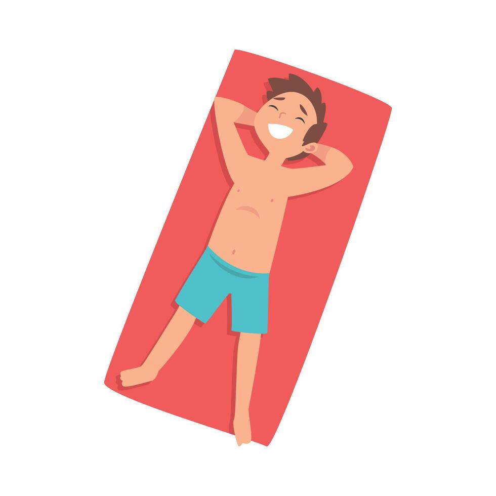 Cute Boy Sunbathing on Beach Towel, Top View of Smiling Lying Boy in Blue Shorts Illustration vector