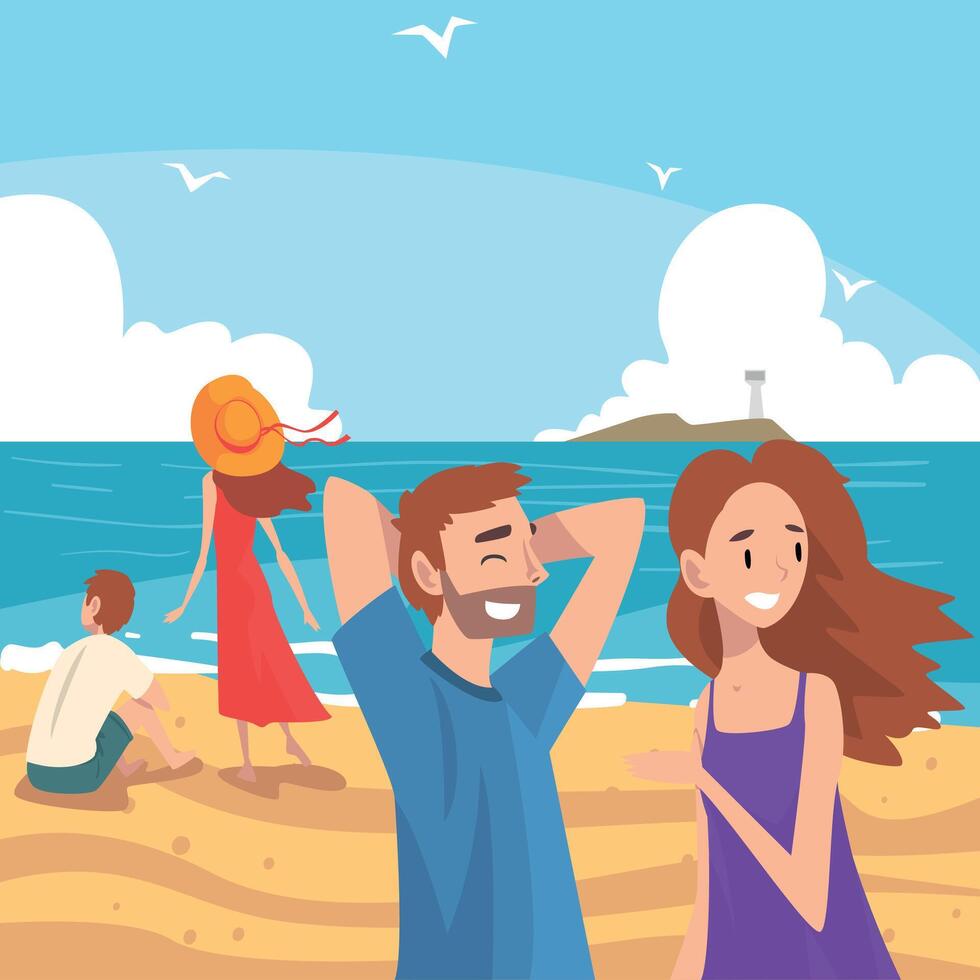 People Relaxing on Seaside at Summer Time, Tropical Resort Landscape with Ocean or Sea, Man and Kids Walking and Enjoying Vacation on Beach Illustration vector