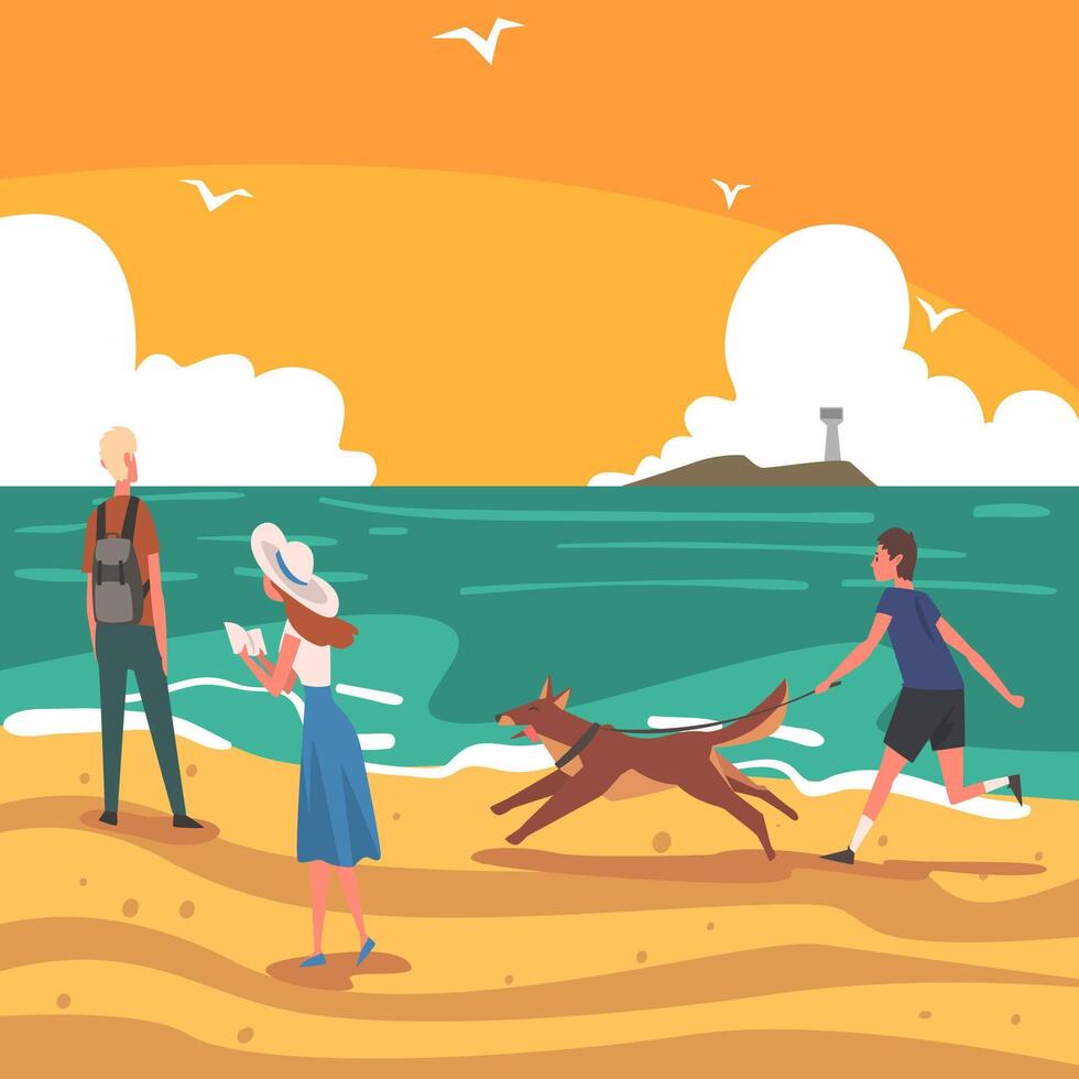 People Relaxing on Seaside at Summer Time on Sunrise, Tropical Resort Landscape with Ocean or Sea, Guy Running with His Dog, Girl Reading Book on Beach Illustration vector
