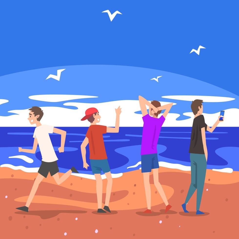 People Relaxing on Seaside at Summer Time, Tropical Resort Landscape with Ocean or Sea, Guys Walking, Running, Photographing and Enjoying Vacation on Beach Illustration vector