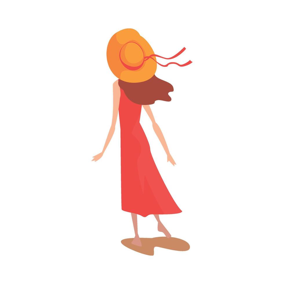 Girl in Red Dress and Straw Hat, View From Behind Illustration vector