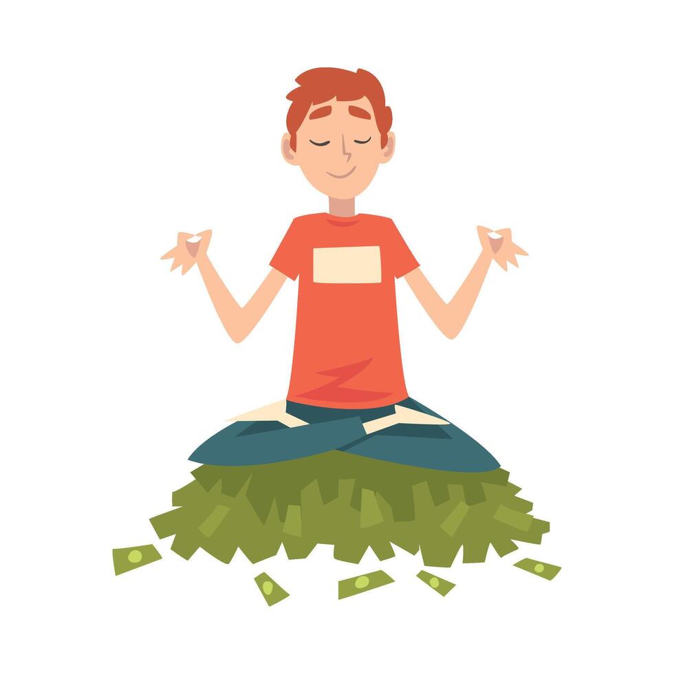 Lucky Successful Rich Guy Millionaire, Wealthy Man Meditating while Sitting on Pile of Money Illustration vector