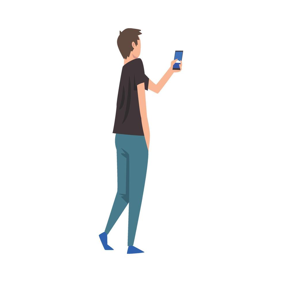 Young man photographing, guy taking photo using smartphone Illustration isolated on a white background. vector