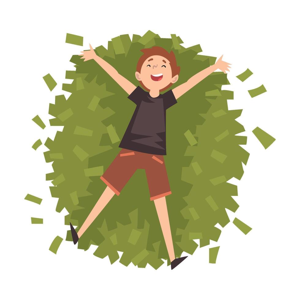 Lucky Successful Rich Guy Millionaire, Happy Wealthy Person Lying on Pile of Money Illustration vector