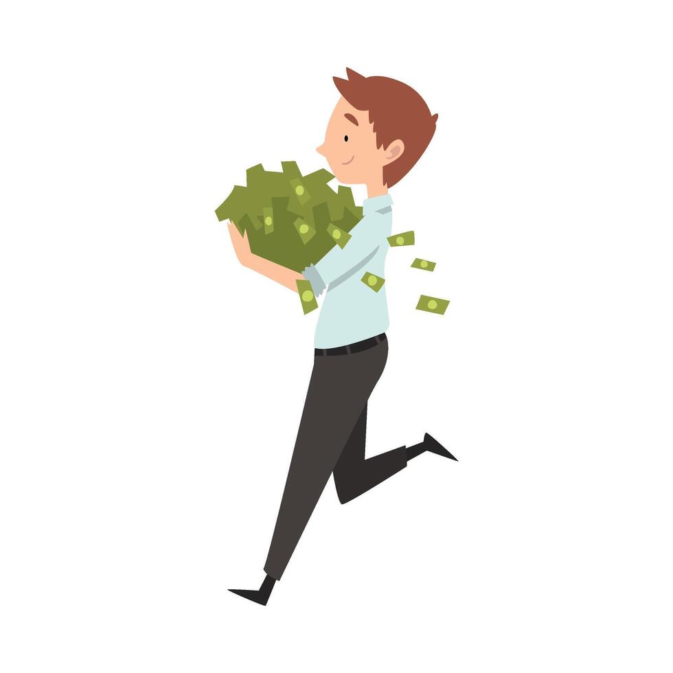 Happy Wealthy Businessman Running with Lot of Money, Lucky Successful Rich Person Illustration vector