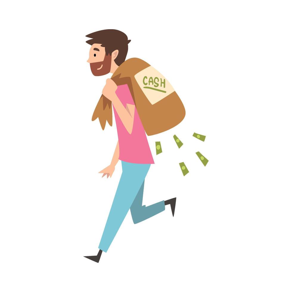 Happy Wealthy Guy Carrying Sack Full of Money, Lucky Successful Rich Person Millionaire Illustration vector
