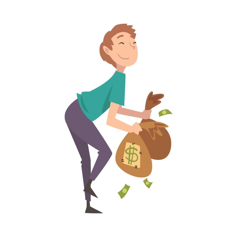 Happy Wealthy Guy with Bags Full of Money, Lucky Successful Rich Person Millionaire Illustration vector