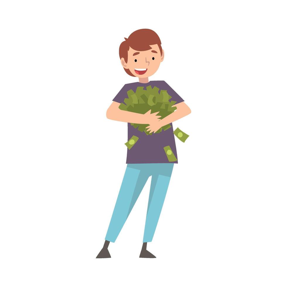 Happy Wealthy Guy with Lot of Money, Lucky Successful Rich Person Illustration vector