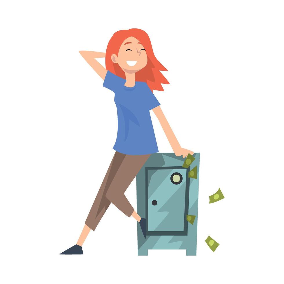 Happy Wealthy Young Woman Sitting on Safe with Money, Lucky Successful Rich Girl Illustration vector