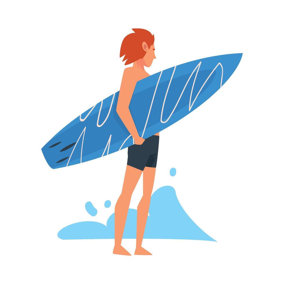 Guy Surfer Character Standing with Surfboard, Recreational Beach Water Sport, Man Enjoying Summer Vacation Illustration vector