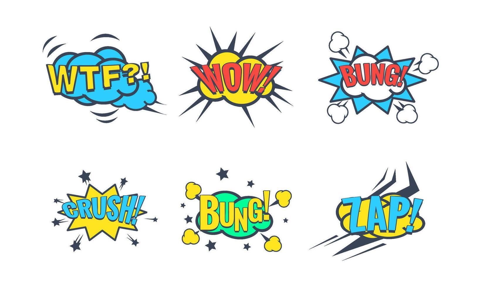 Comic Speech Bubble with Text Set, Comic Sound Effects, Wtf, Wow, Bung, Crush, Zap Illustration vector
