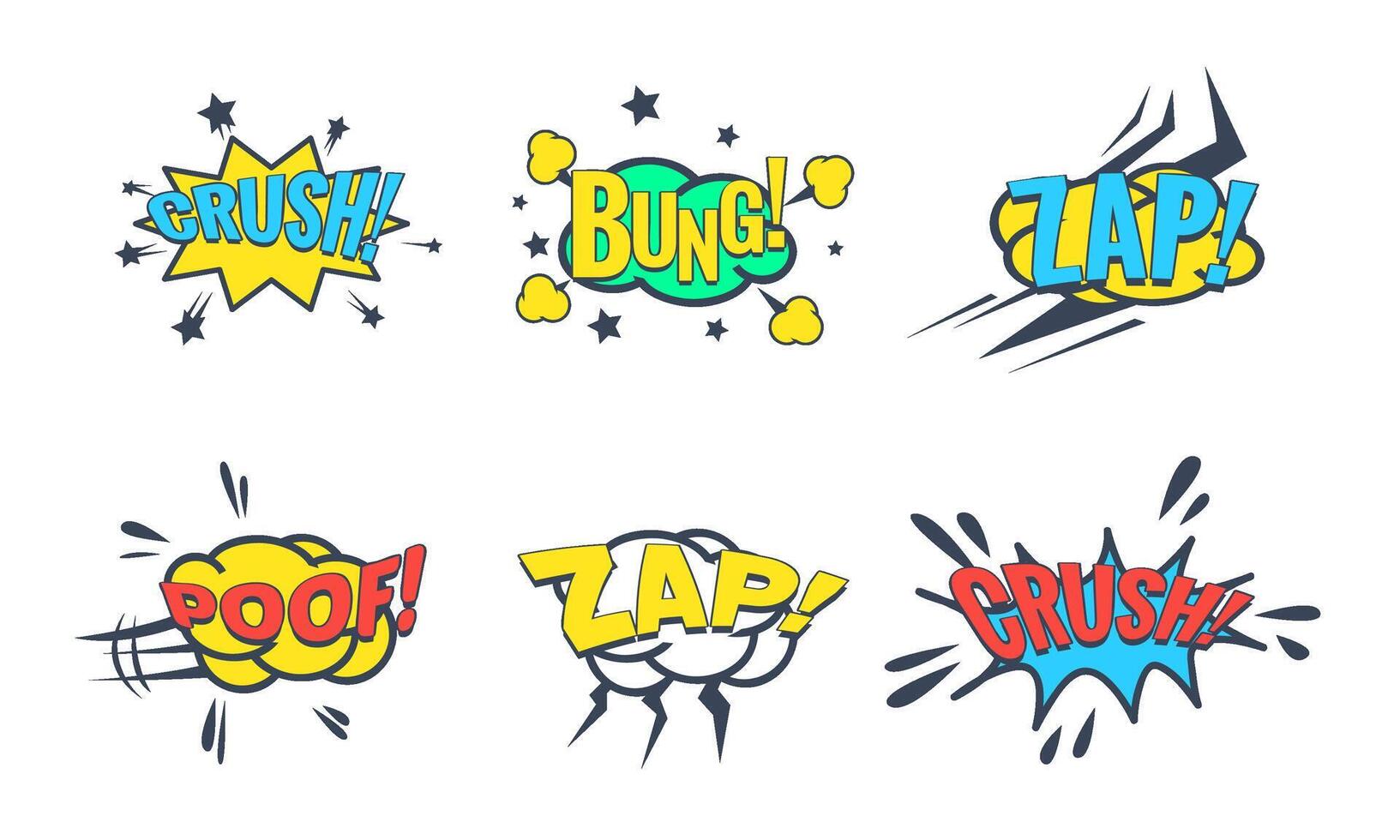 Comic Speech Bubble with Text Set, Comic Sound Effects, Bung, Crush, Zap, Poof Illustration vector