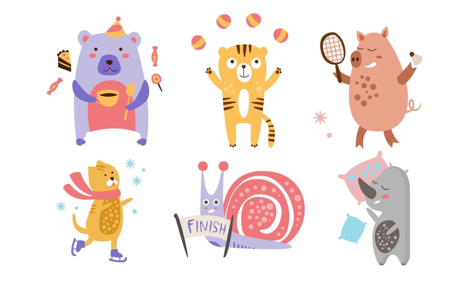Cute Animals Different Activities Set, Adorable Humanized Animals Characters Engaged in Sports, Juggling, Sleeping, Eating Illustration vector