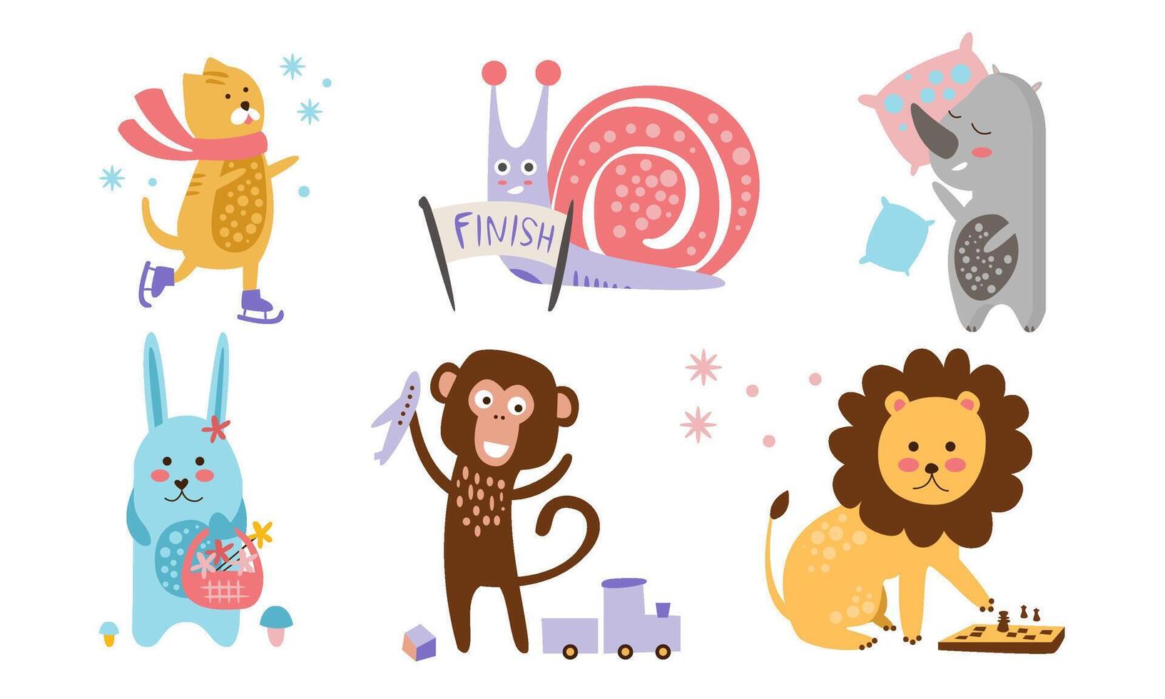 Cute Animals Different Activities Set, Adorable Humanized Animals Characters Engaged in Sports, Sleeping, Plsying Toys Illustration vector