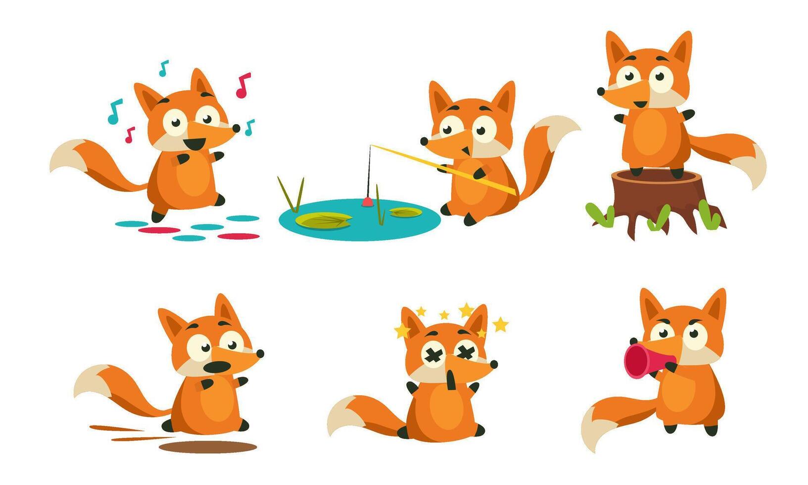 Cute Little Fox Doing Different Activities Set, Adorable Animal Character Fishing, Dancing, Running, Dying Illustration vector