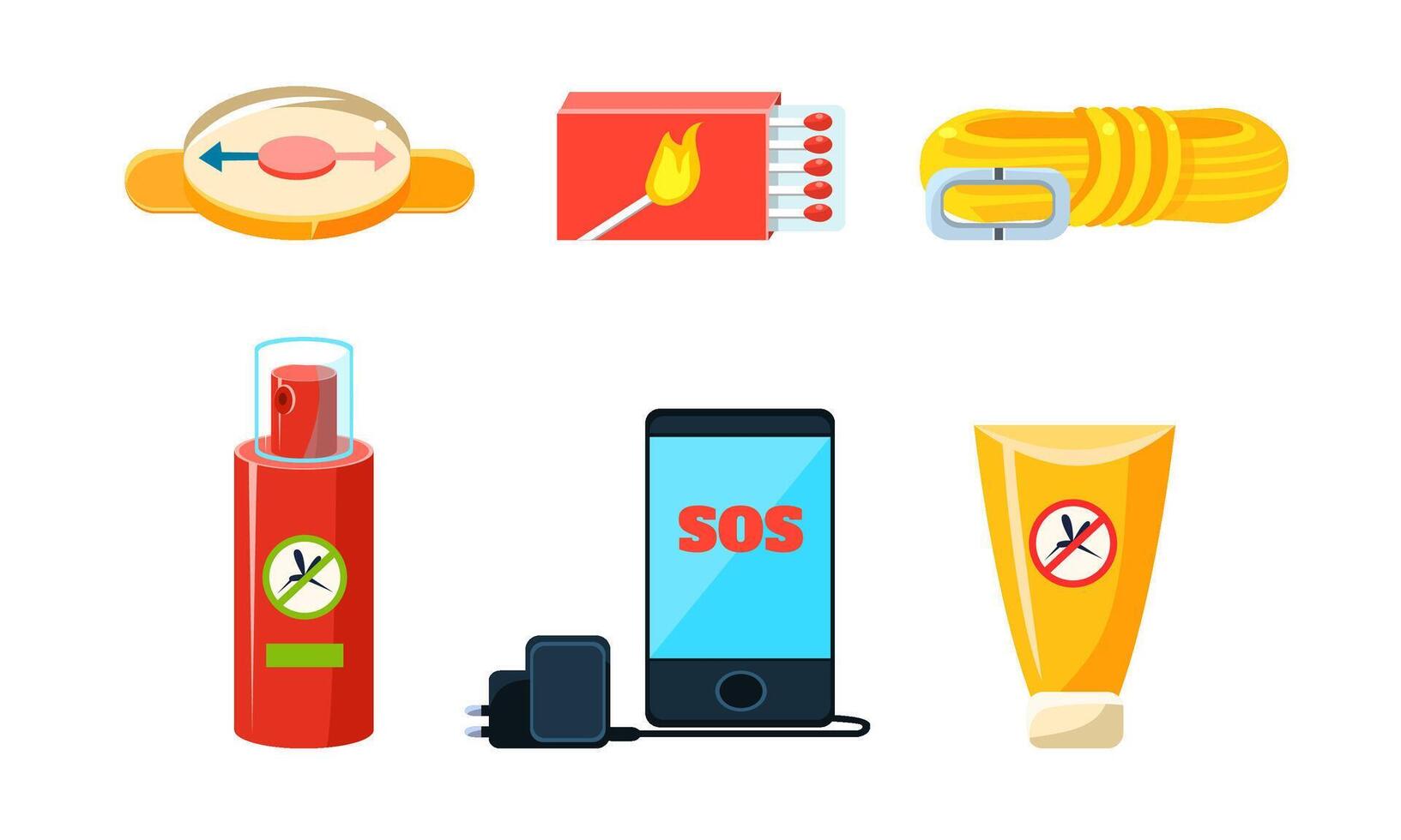 Travel Icons Set, Necessary Supplies for Trip and Traveling, Repellent, Rope, Compass, Box of Matches, Phone and Charger Illustration vector