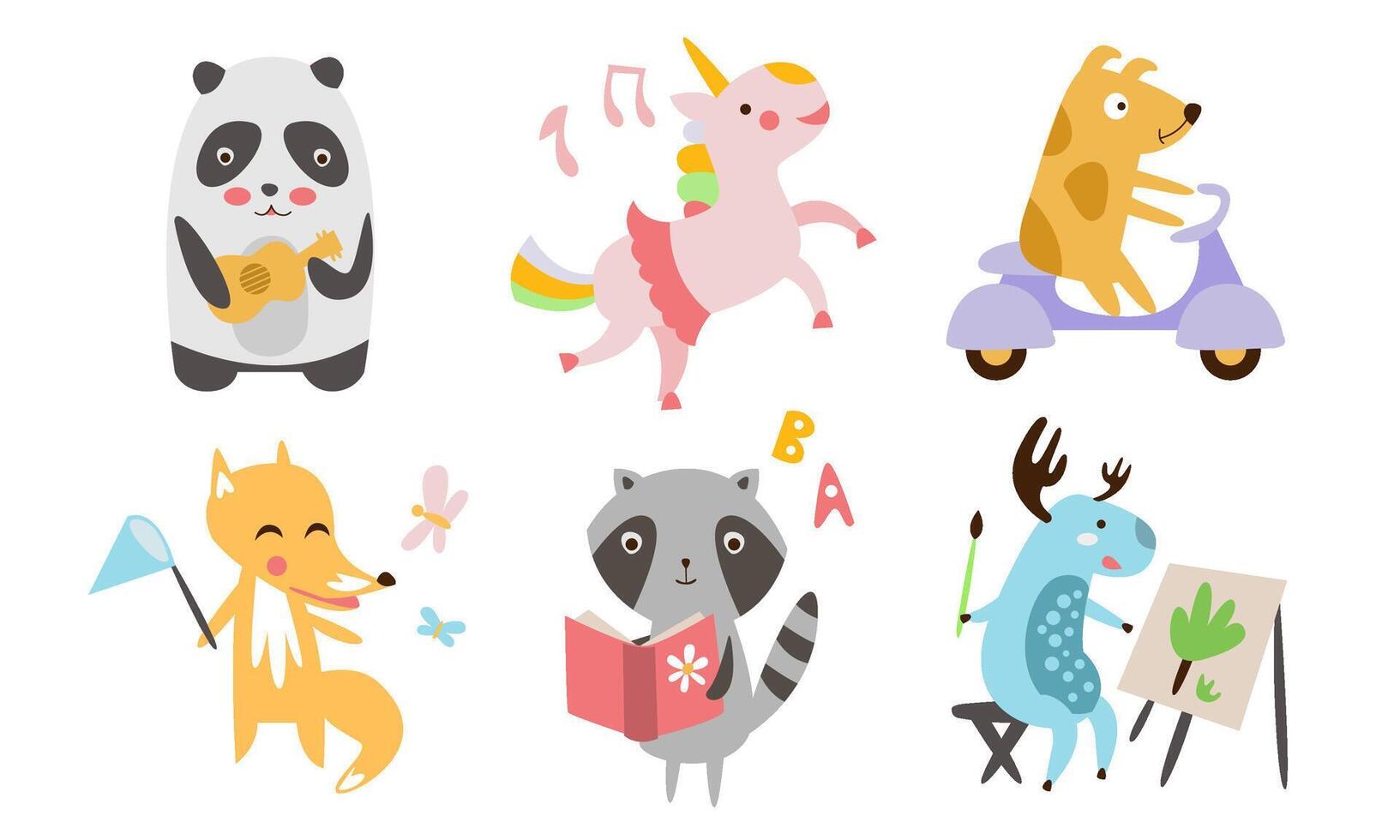 Cute Animals Different Activities Set, Adorable Humanized Animals Characters Playing Musicall Instrument, Reading Book, Riding Scooter, Painting, Dancing Illustration vector