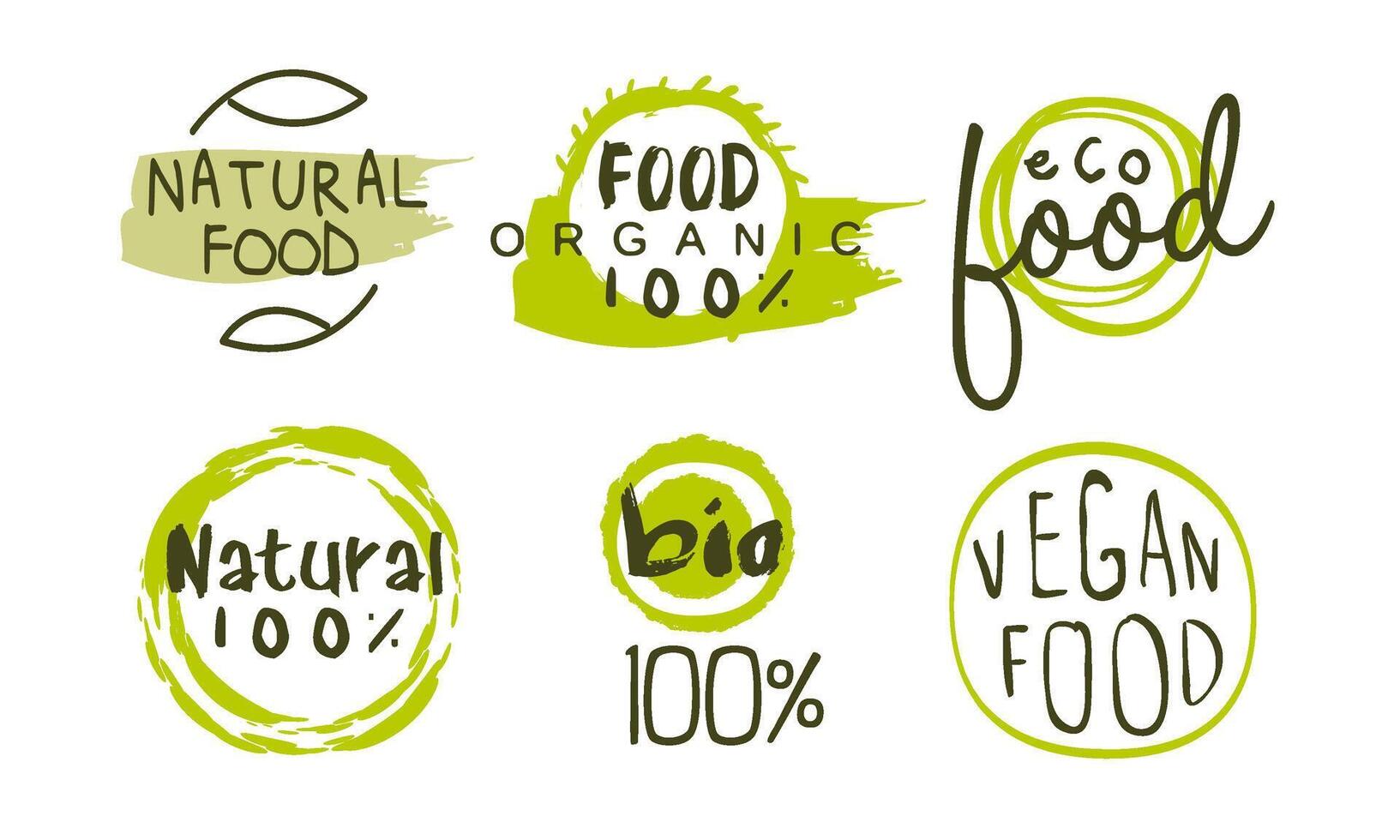 Natural Organic Food Green Labels Templates Set, Eco Bio Products Hand Drawn Badges, Emblems Illustration vector