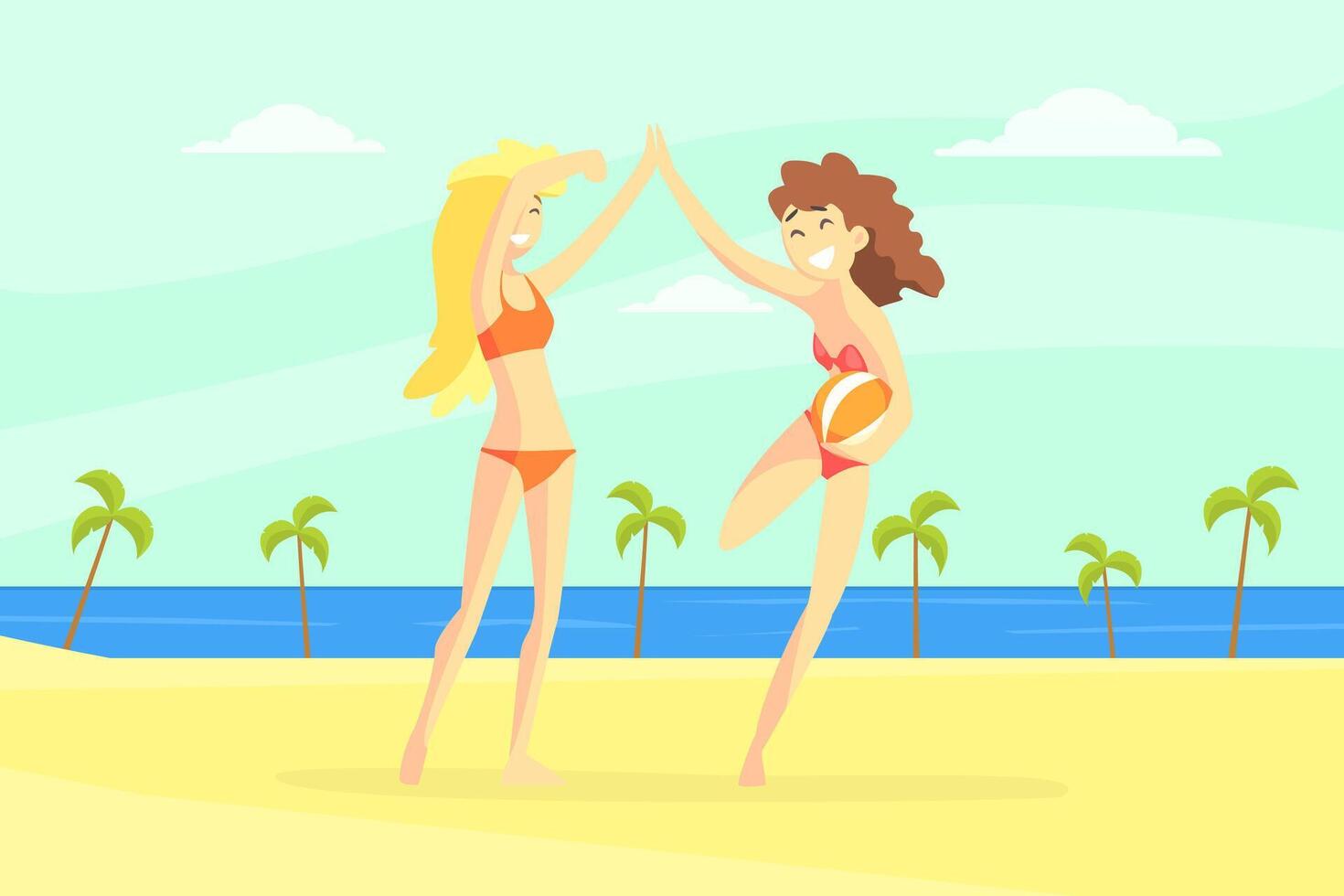 Happy Girls in Swimsuits Having Fun on Beach, Son Enjoying Summer Vacation Illustration vector