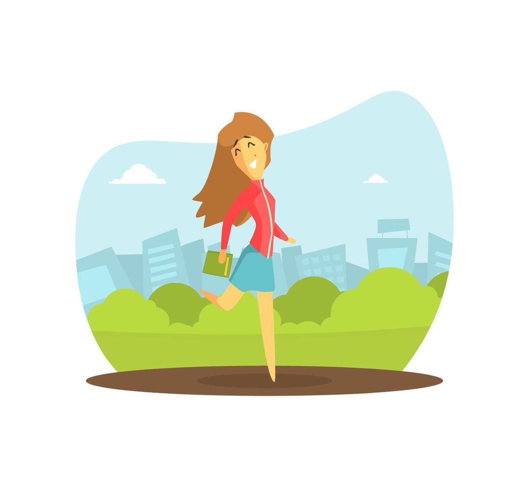 Smiling Girl with Book Walking on City Street Illustration vector