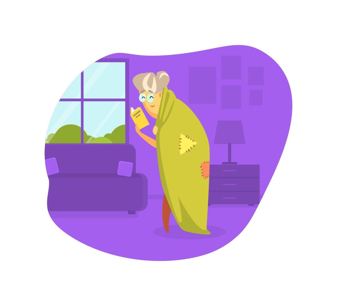 Old Woman Wrapped in Blanket Reading Book Illustration vector