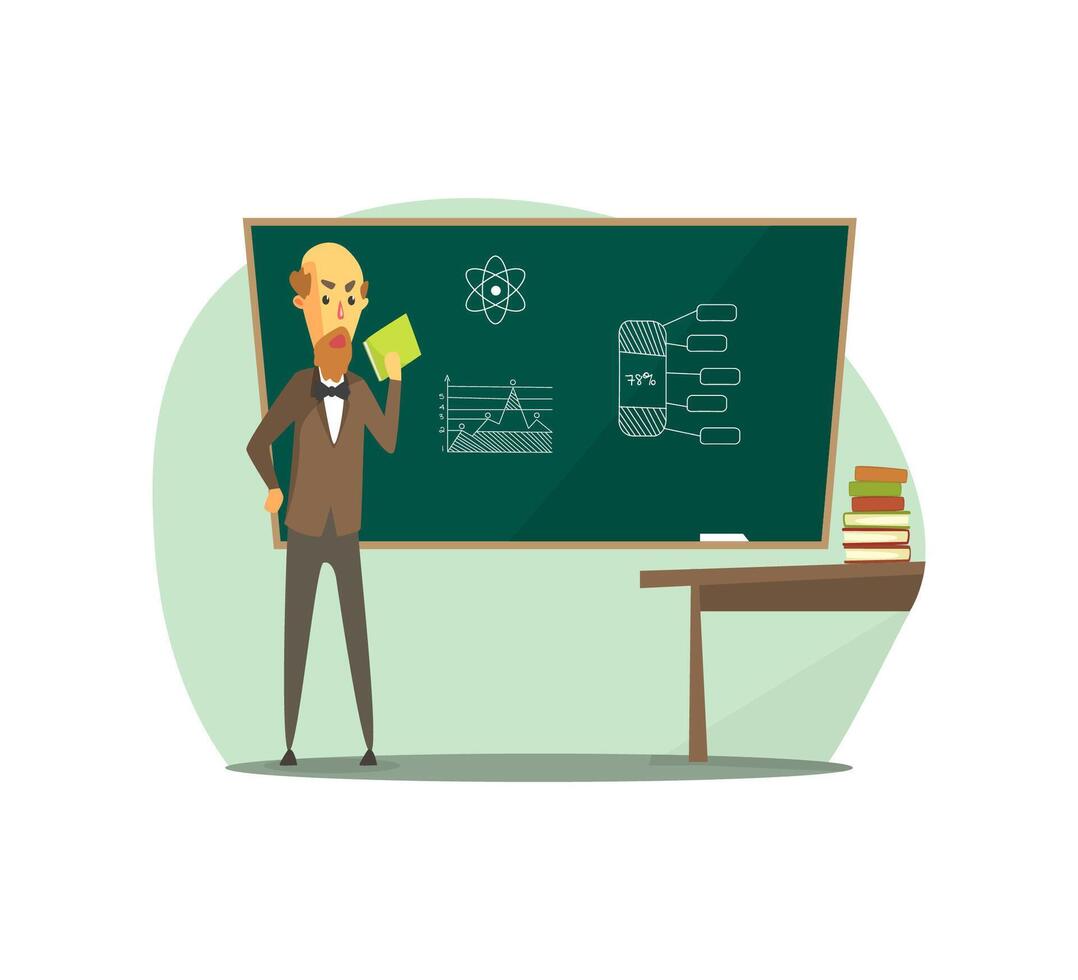 Professor Standing in Front of Blackboard with Book on His Hands, Senior Teacher Students in Classroom at School Illustration vector
