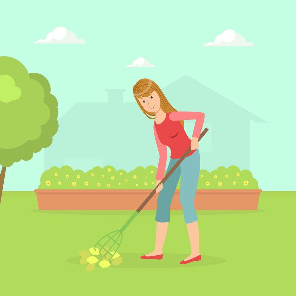Woman Working in Garden with Rake, Housewife Cleaning Backyard With Gardening Tool Illustration vector