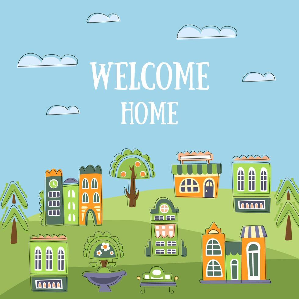 Welcome Home Banner Template, Summer Landscape with Cute Hand Drawn Houses, Invitation, Card, Poster or Flyer Illustration vector