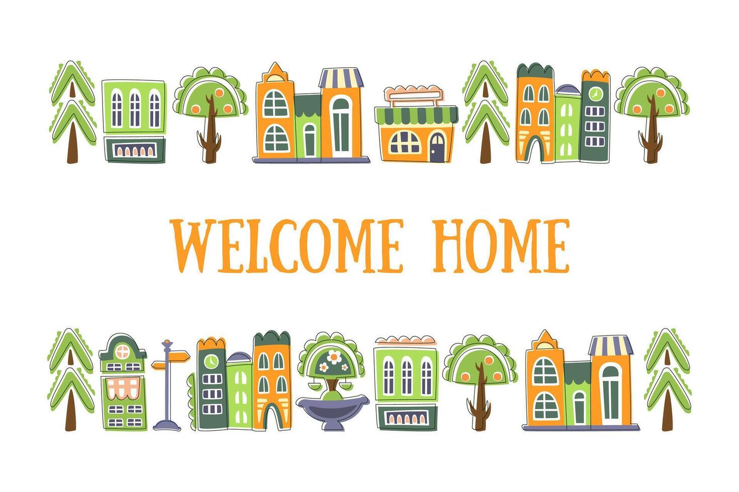 Welcome Home Banner Template with Cute Hand Drawn Public Buildings, Houses and City Street Objects Illustration vector