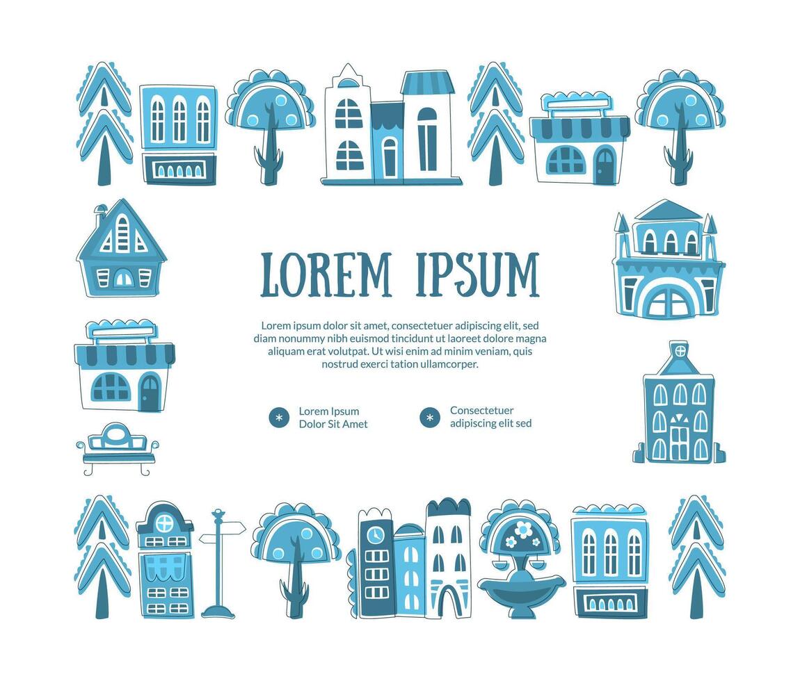 Frame with Hand Drawn Buildings and City Street Objects Banner Template with Space for Text Illustration vector