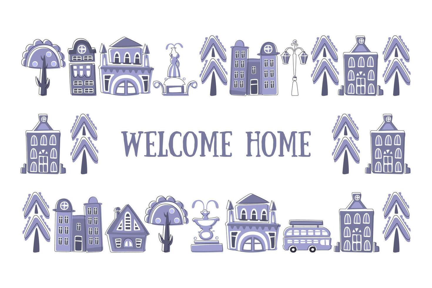 Welcome Home Banner Template, Frame with Hand Drawn Public Buildings, Houses and City Street Objects Illustration vector