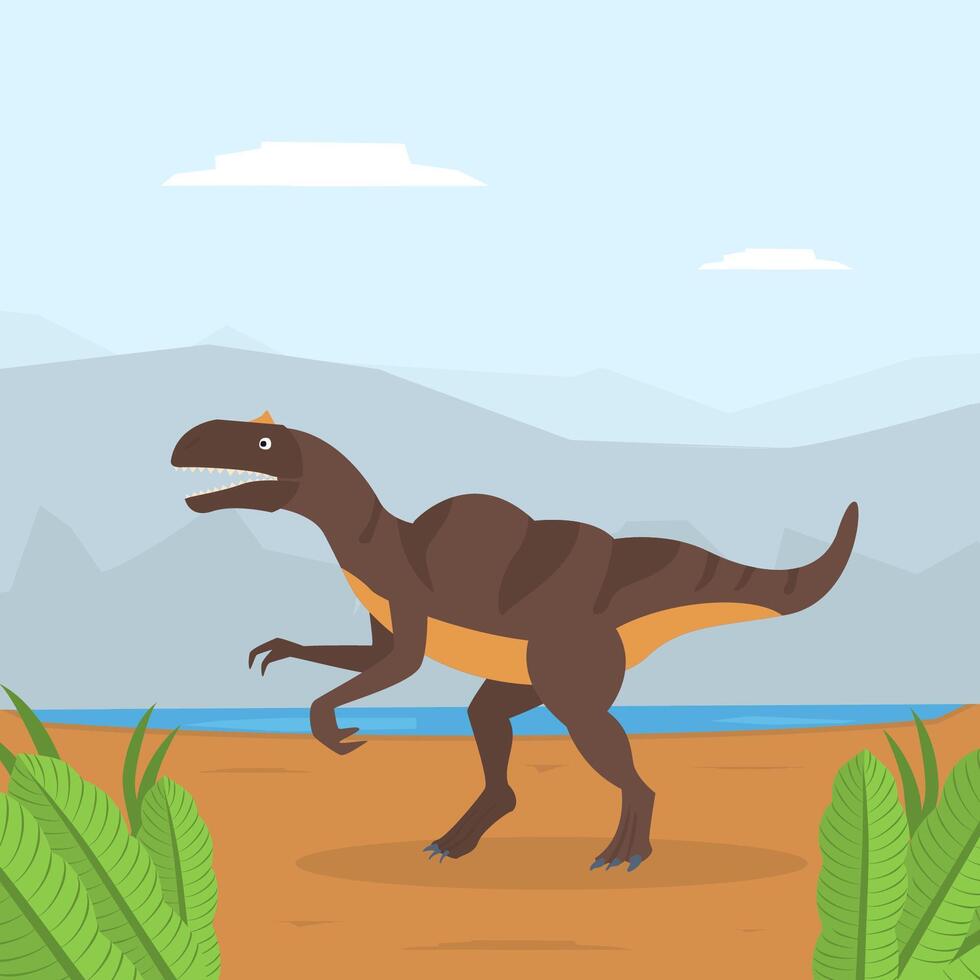 Dinosaur on Mountain Landscape, Prehistoric Animal on Nature Background Illustration vector