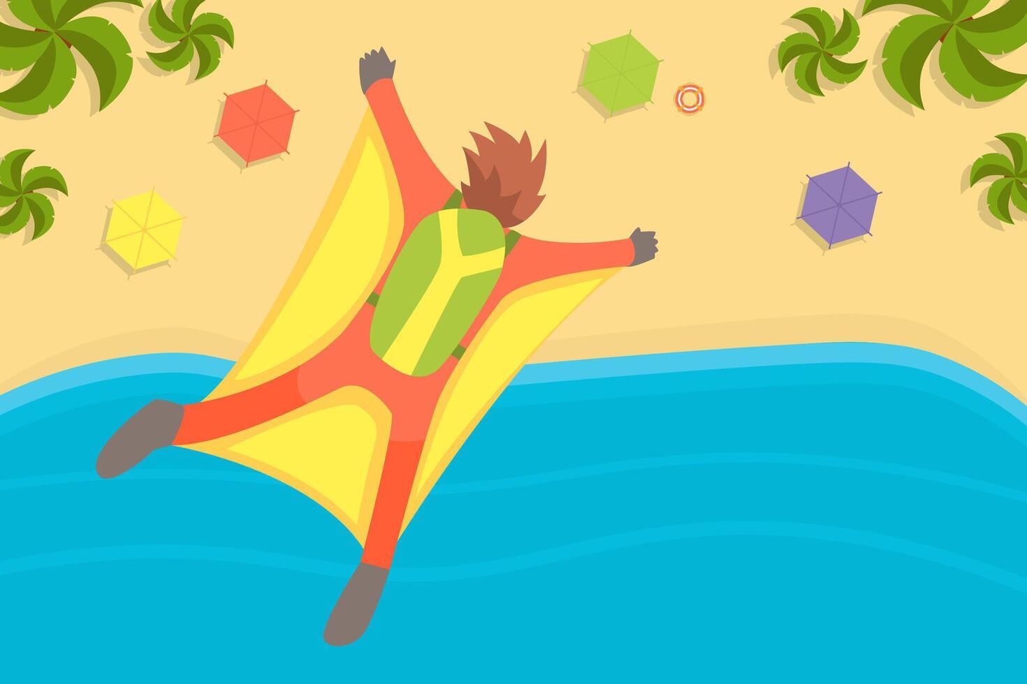 Man Wearing Wing Suit Flying in Sky Under Tropical Beach, Skydiving Extreme Sport Illustration vector