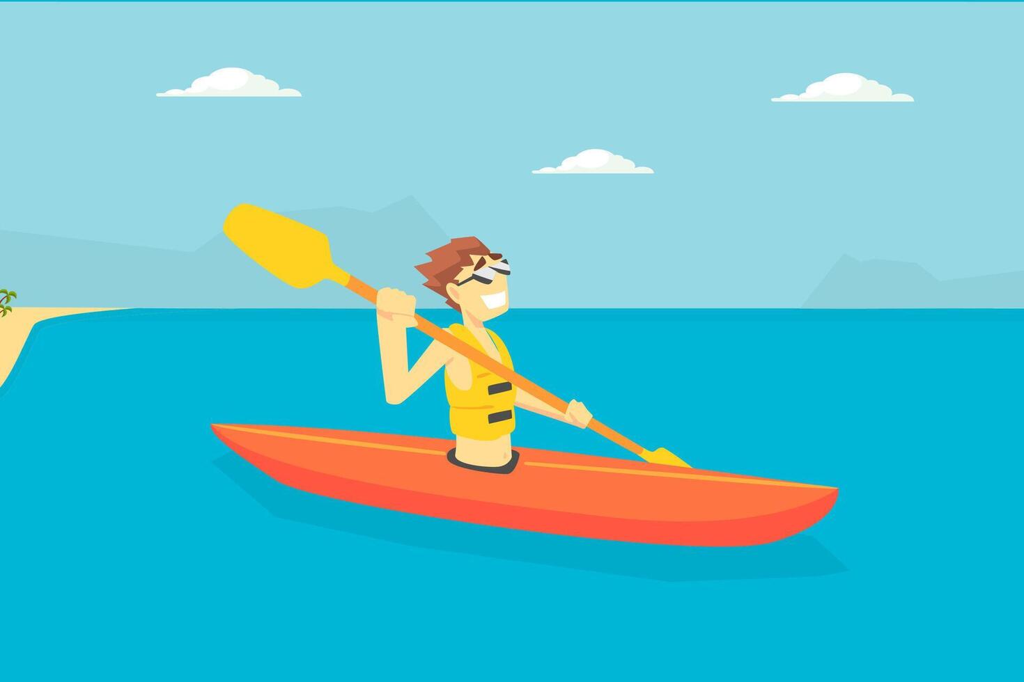 Man Paddling Kayak, Male Tourist Spending Active Vacation on Seaside, Kayaking Water Sport Illustration vector