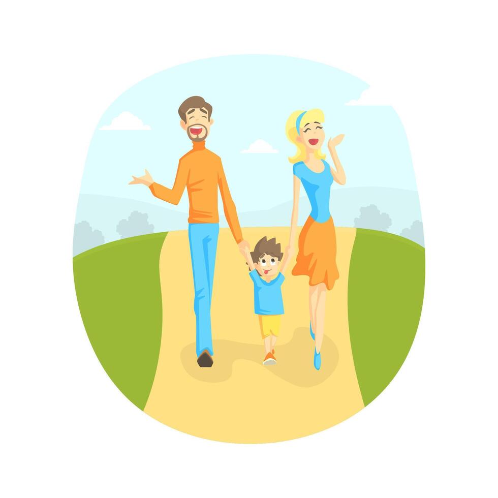 Cheerful Parents and Their Toddler Baby Walking in Park Outdoor, Mother, Father and Son Holding Hands, Happy Family Illustration vector