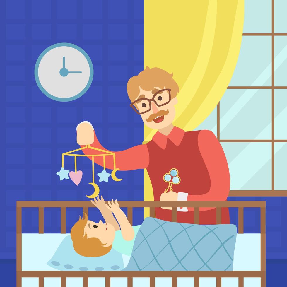 Cheerful Father Entertaining Baby in Cot with Bed Carousel Happy Family Illustration vector