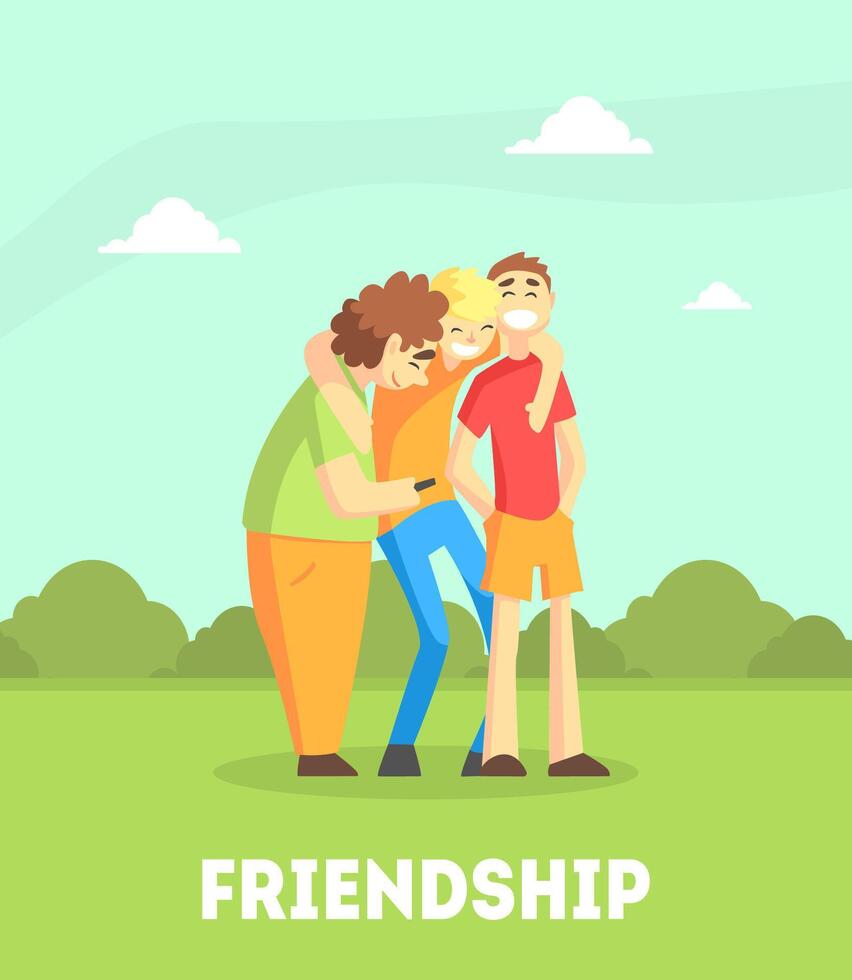 Three Smiling Best Male Friends Walking and Talking Together in Park Outdoor, Male Friendship Illustration vector