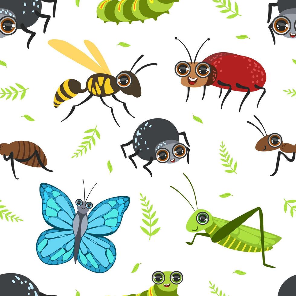 Seamless Pattern with Butterflies and Beetles, Bug, Grasshopper, Caterpillar, Ant, Wasp, Design Element Can Be Used for Wallpaper, Packaging, Background Illustration vector