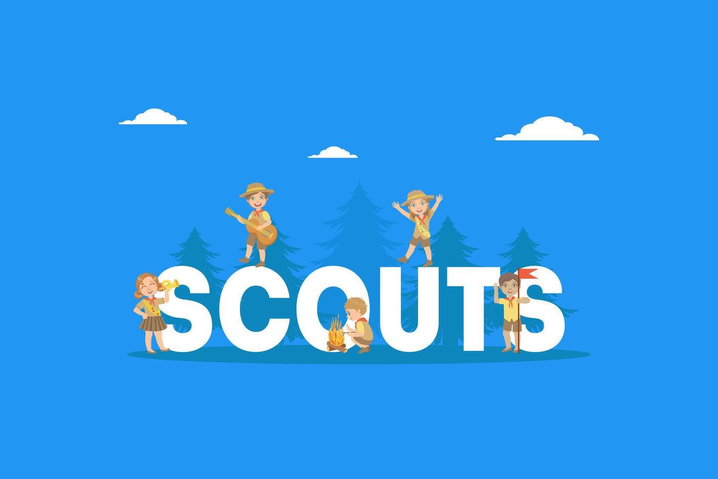 Scouts Word with Giant Letters Banner Template, Kids Scouts in Uniform Camping Illustration vector