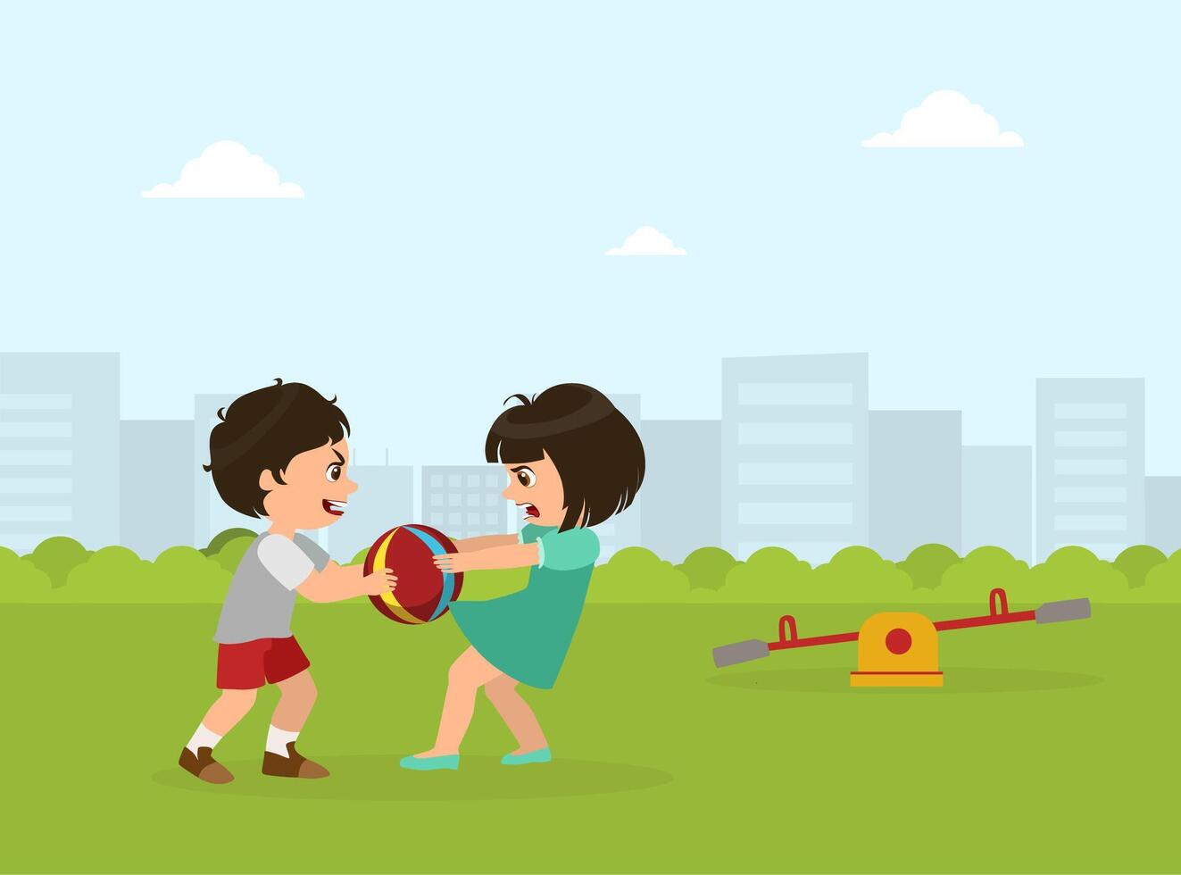 Boy and Girl Fighting for Ball, Bad Behavior, Conflict Between Kids, Illustration vector
